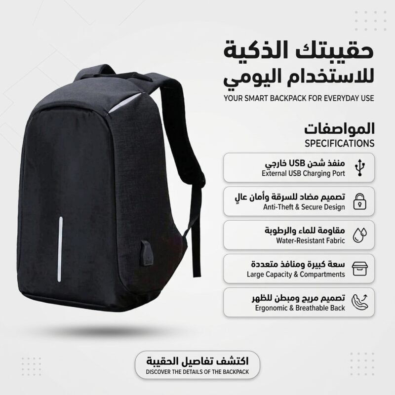 حقيبة الظهر الذكية بمخرج USB — تناسب لابتوب 15.6 بوصة